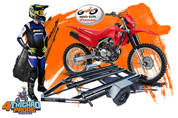 Piloto de motocross vestindo equipamento IMS ao lado de uma moto Honda vermelha (provavelmente uma CRF), um reboque para transporte de moto da marca Pollo e o logotipo 'Moto Guia Honda' e '4 Trikão Padre Motofesta SP'. A imagem promove um evento ou patrocínio relacionado a trilhas ou motociclismo off-road.